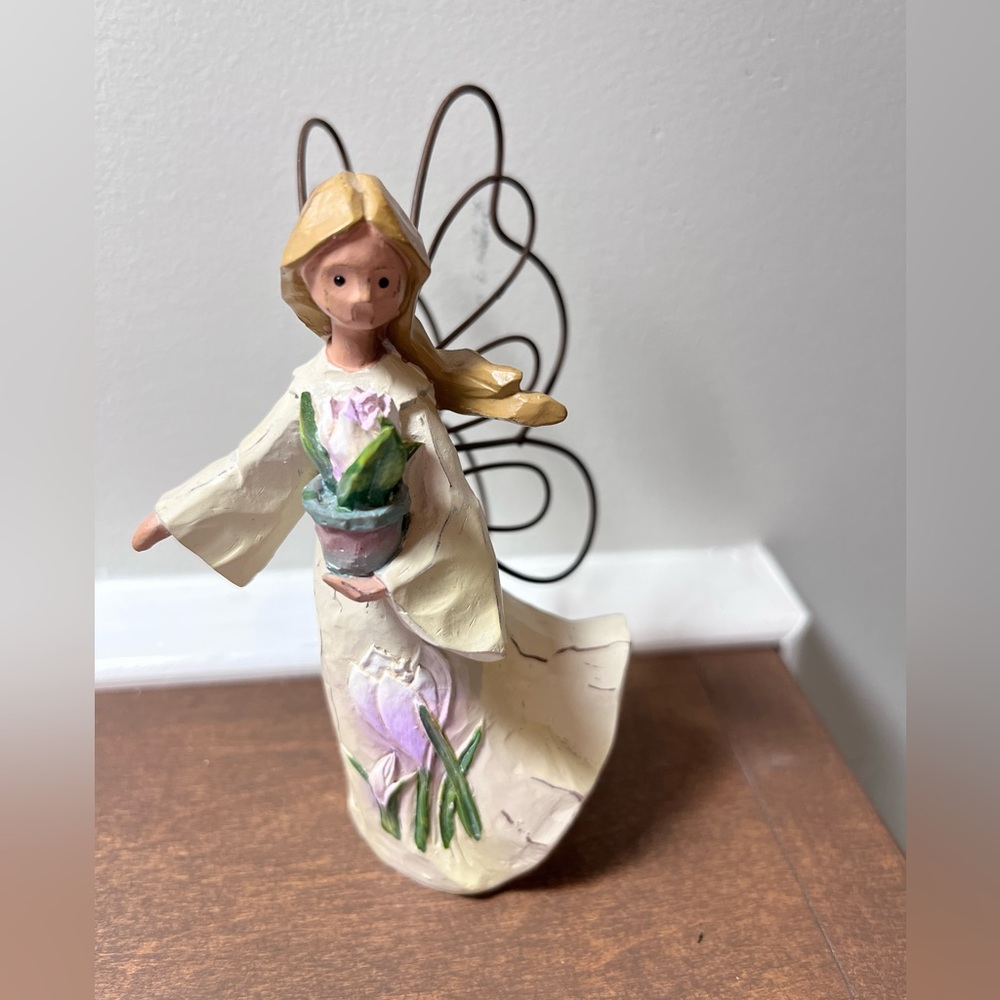 Angel Accents by Roman Inc wooden figurine with metal wings, February-Crocus